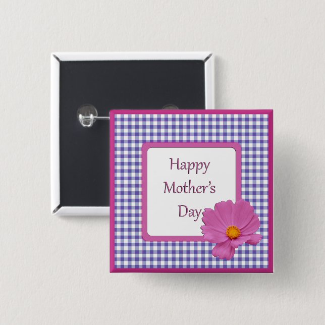 Mother's Day Purple Flower and Gingham Design 15 Cm Square Badge (Front & Back)
