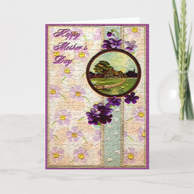 Mother's Day - Purple flowers,Sun and Landscape Card (Front)