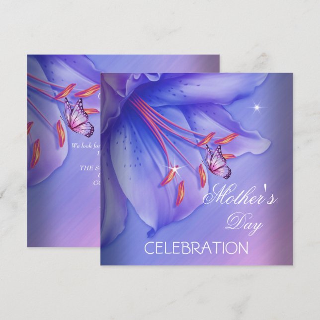 Mother's Day Purple Pink Lilac Butterfly Flowers Invitation (Front/Back)