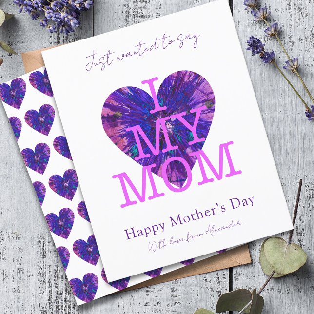 Mothers day quote i love my mum watercolor heart  (I love my mom slogan purple heart art Mother’s Day card)