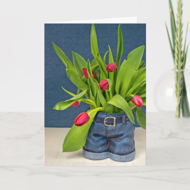 Mother's Day-red tulips in blue jean pot Card (Front)