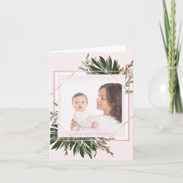 Mother's Day Rose Gold Floral Personalised Photo Holiday Card (Front)