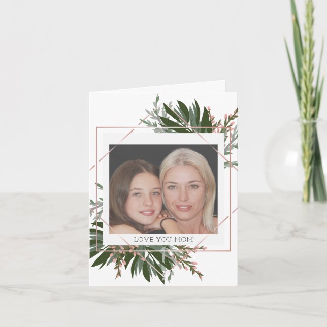 Mother's Day Rose Gold Floral Personalised Photo Holiday Card (Front)