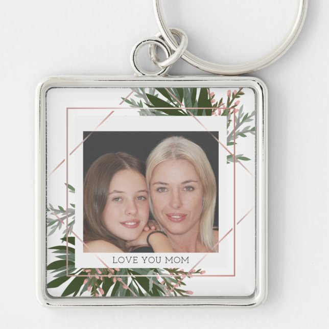 Mother's Day Rose Gold Floral Personalised Photo Key Ring (Front)