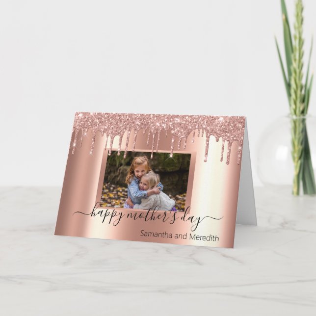 Mother's Day Rose Gold Metal Glitter Photo Card (Front)