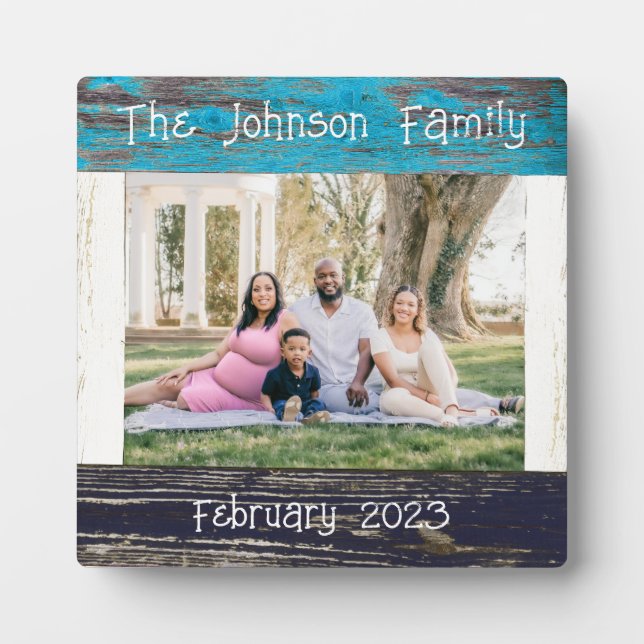 Mothers Day Rustic Blue Wood Photo Family Name Plaque (Front)