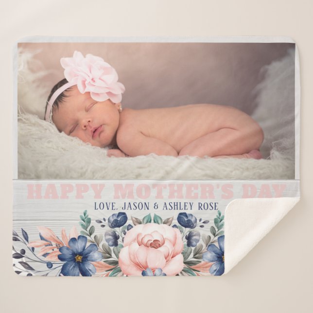 Mother's Day Rustic Pink Floral Barn Wood Photo Sherpa Blanket (Front (Horizontal))