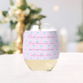 Mother's Day Soft Pink and Green Diamond Stemless Wine Glass