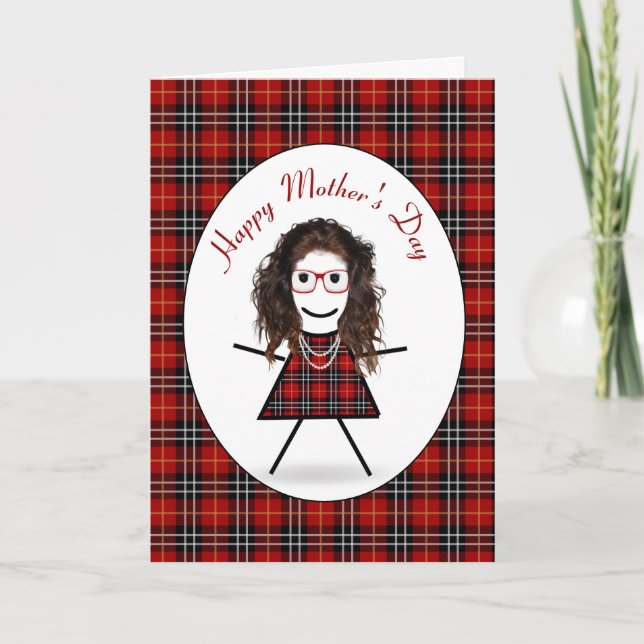 Mother's Day Stick Girl On Tartan Plaid Holiday Card (Front)