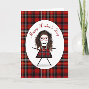 Mother's Day Stick Girl On Tartan Plaid Holiday Card