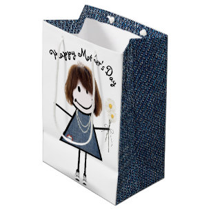 Mother's Day Stick Girl with Daisies   Medium Gift Bag