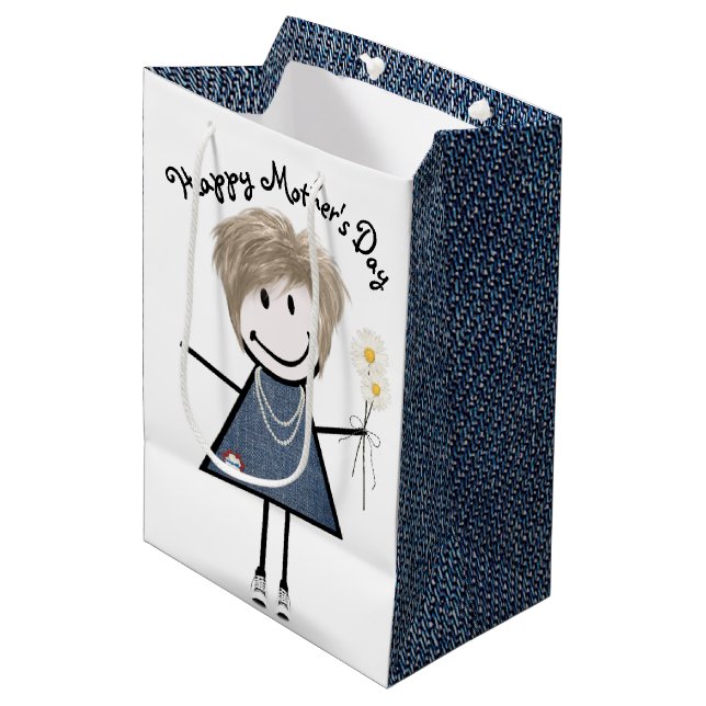 Mother's Day Stick Girl with Daisies  Medium Gift Bag (Front Angled)