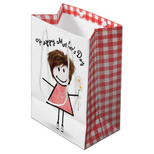 Mother's Day Stick Girl with Daisies  Medium Gift Bag