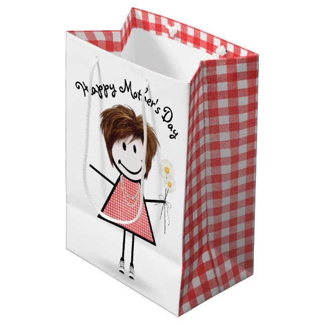 Mother's Day Stick Girl with Daisies  Medium Gift Bag (Front Angled)