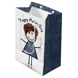 Mother's Day Stick Girl with Daisies  Medium Gift Bag