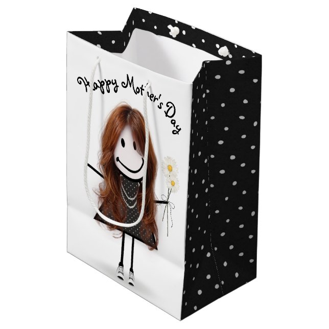 Mother's Day Stick Girl with Daisies  Medium Gift Bag (Front Angled)