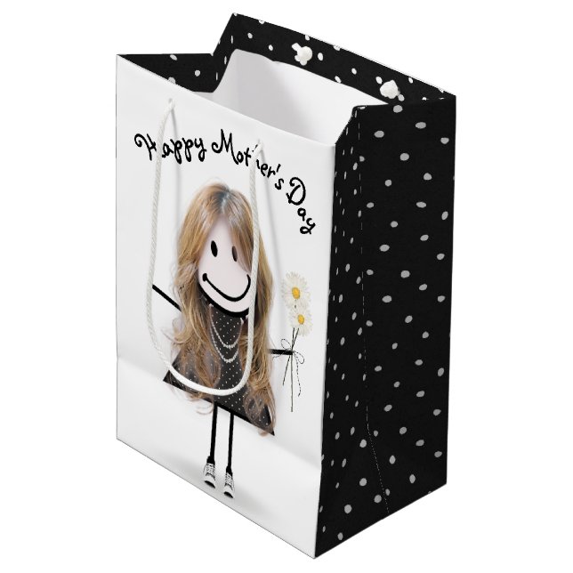 Mother's Day Stick Girl with Daisies  Medium Gift Bag (Front Angled)