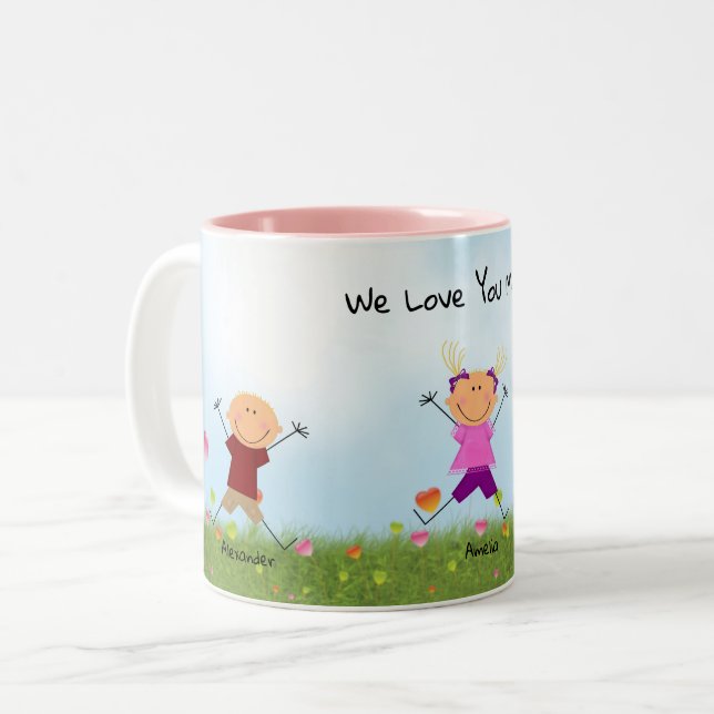 Mother's Day Stick Kids 2 Boys 1 Girl Mug (Front Left)