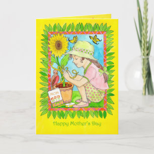 Mother's Day Sunflower, Girl with Butterflies Card