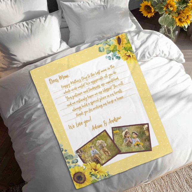 Mothers Day Sunflower Love Letter Photo Keepsake Fleece Blanket (A pretty yellow sunflower photo blanket with a note to Mom. Makes a great Mothers Day gift.)