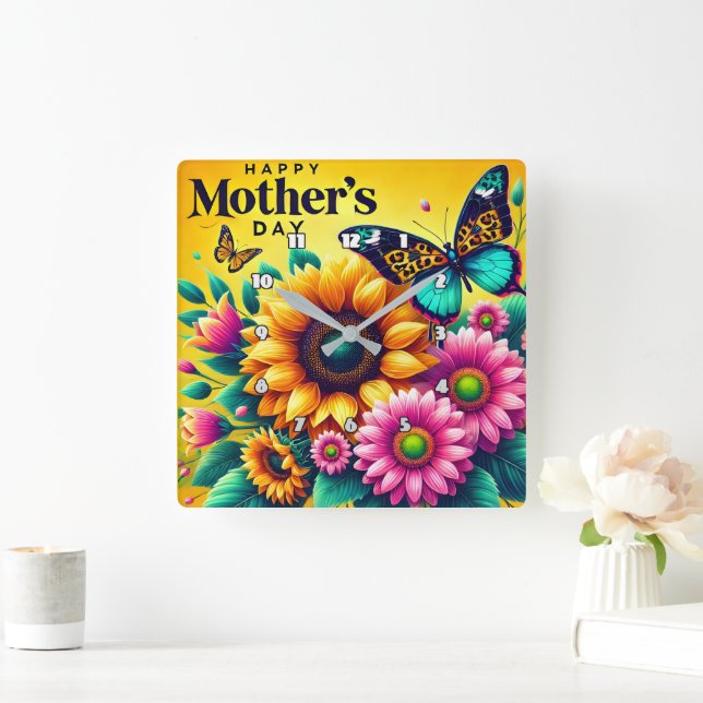 Mother's Day: Sunflowers, Butterflies, Joy Square Wall Clock (Home)