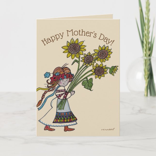 Mothers Day Sunflowers Ukrainian Girl Folk Art Card (Front)