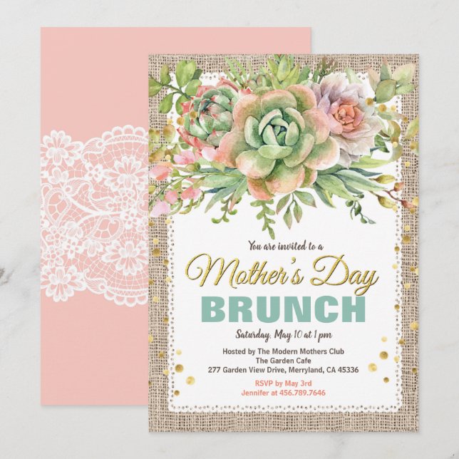 Mothers Day Tea Party Brunch Floral succulent Invitation (Front/Back)