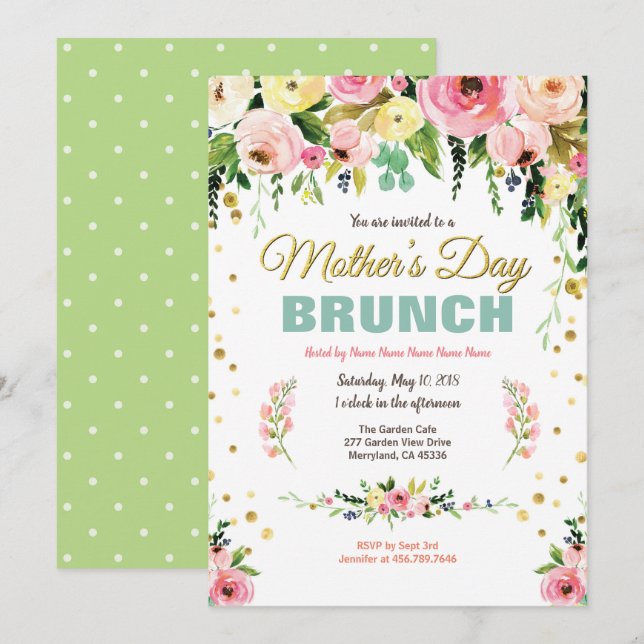 Mothers Day Tea Party Brunch Floral Watercolor Invitation (Front/Back)