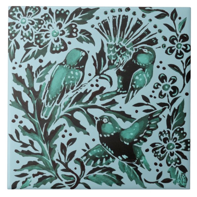 Mother's Day Teal Bue Birds & Flowers Aqua Green Tile (Front)