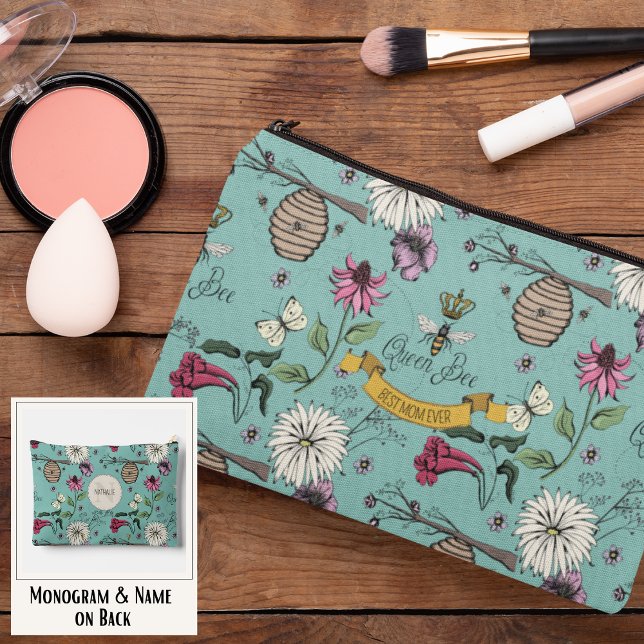 Mothers Day Teal Queen Bee Best Mum Ever Accessory Pouch (Elegant Royal Queen Bee Hand-Drawn Patter with Custom Text on Front & Monogram and Name on the Back)