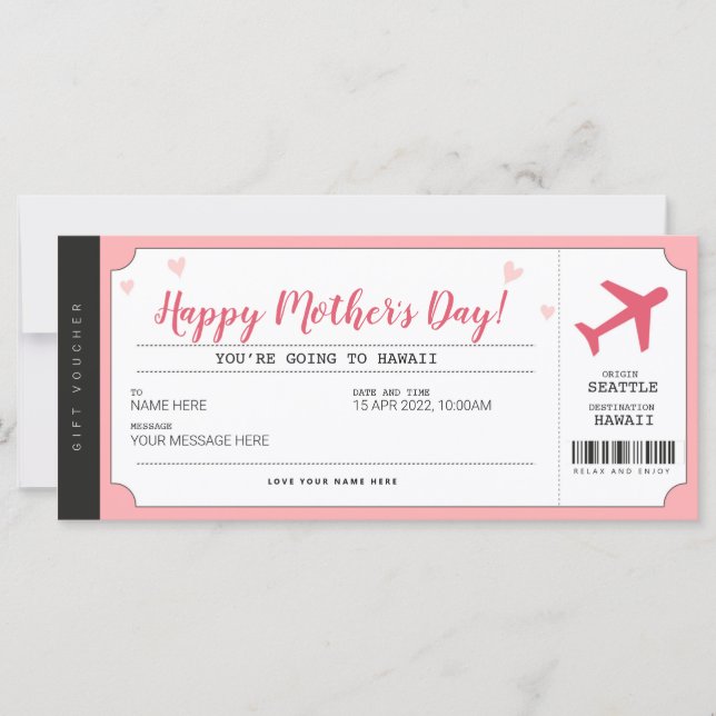 Mothers Day Travel Boarding Pass Gift Certificate (Front)