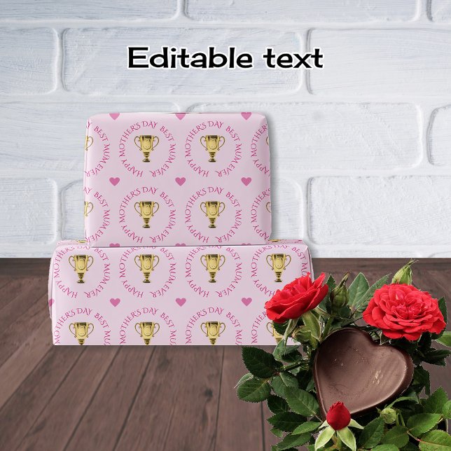 Mothers Day trophy custom text pink Wrapping Paper (Creator Uploaded)