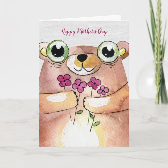 Mother's Day watercolor bear with bouquet Card (Front)