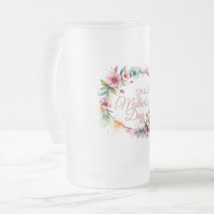 Mother's Day Watercolor Floral Wreath in Pink V2.0 Frosted Glass Beer Mug
