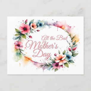 Mother's Day Watercolor Floral Wreath in Pink V2.0 Holiday Postcard