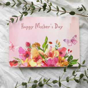 Mother's Day Watercolor Flowers with Butterflies Thank You Card