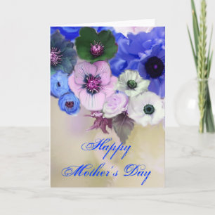 MOTHER'S DAY WHITE BLUE  ROSES AND ANEMONE FLOWERS CARD