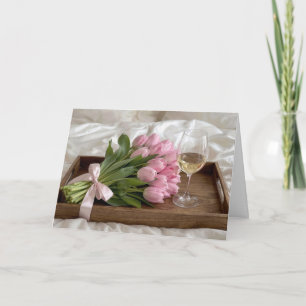 Mother's Day Wine and Pink Tulips On Satin Sheets Card