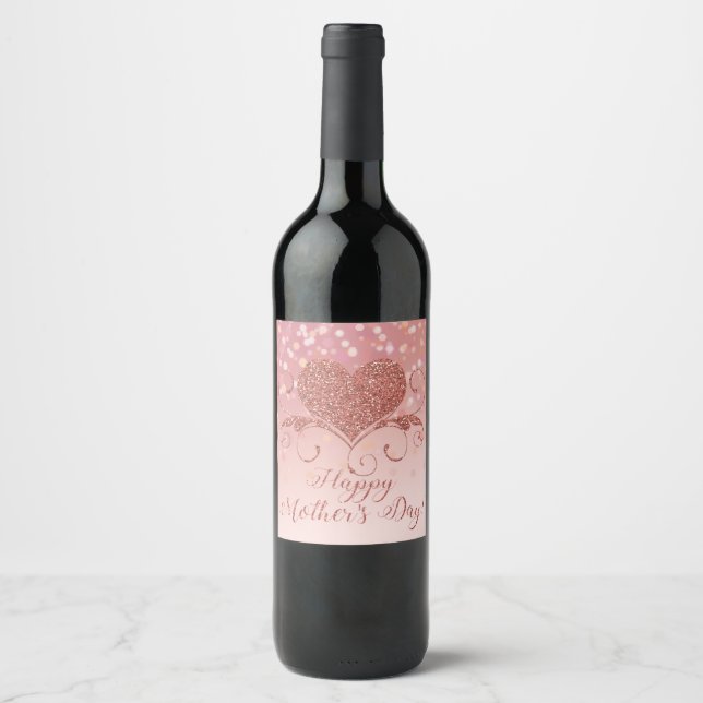 Mother's Day Wine Labels | Rose Gold Glitter Heart (Front)