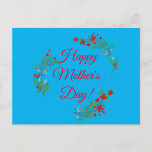 Mother's day wish red flowers watercolor blue postcard