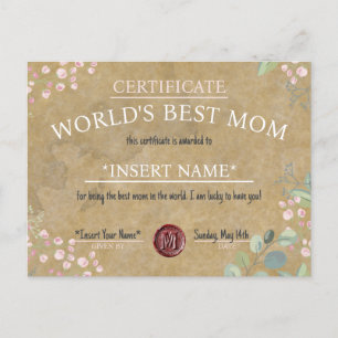 Mother's Day World's Best Mom Certificate Announcement Postcard