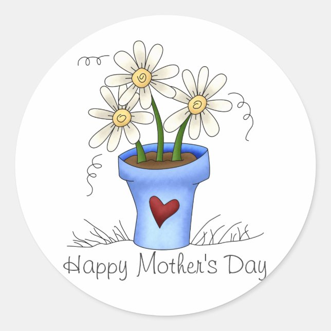 Mother's Flowers · Blue Flower Pot Classic Round Sticker (Front)
