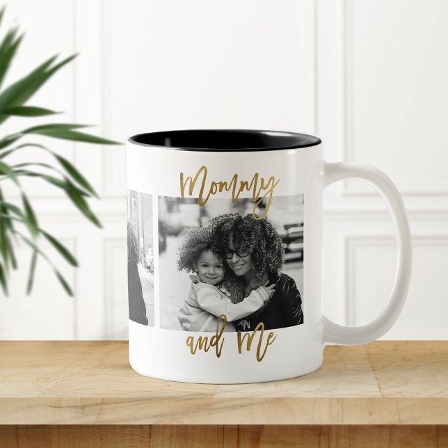 Mother's Gift Mummy and Me Gold Photo Collage Two-Tone Coffee Mug (Creator Uploaded)