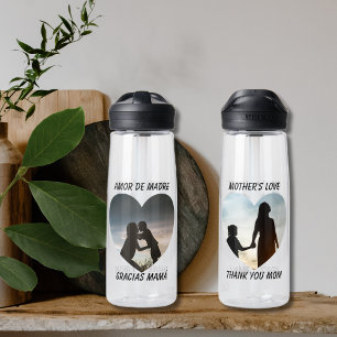 Mother's Love Bilingual Text Heart Photo  Water Bottle