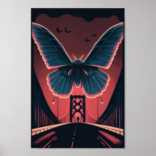 Mothman and Bridge Spooky Woodcut Art Print
