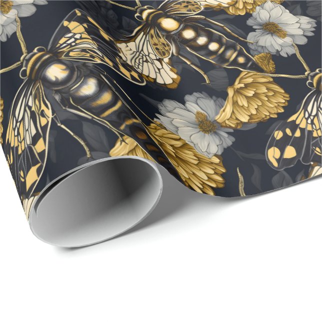 Moths and Marigolds Yellow and Black Gothic Wrapping Paper (Roll Corner)