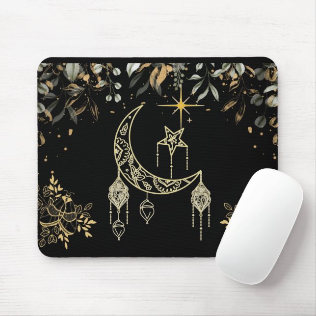 Moths and Moon Celestial Black Mouse Mat (With Mouse)