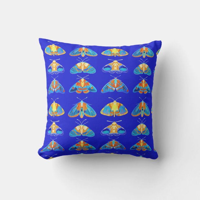 Moths in Dark Blue, Orange and Turquoise  Cushion (Front)