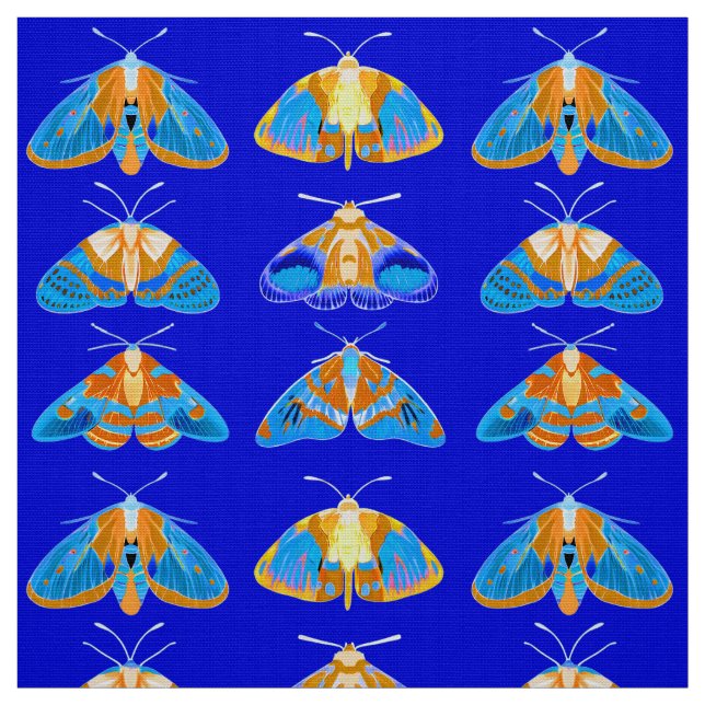Moths in Dark Blue, Orange and Turquoise  Fabric (Swatch)