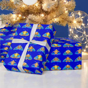 Moths in Dark Blue, Orange and Turquoise Wrapping Paper